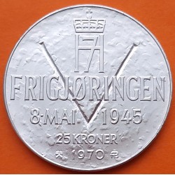 NORUEGA 25 KRONER 1970 1945 REYES OLAV y HAAKON VII LIBERACION DE LOS NAZIS KM.414 MONEDA DE PLATA SC Norway silver coin