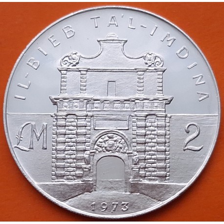 MALTA 2 LIRAS 1973 PUERTA de MEDINA en 1724 KM.20 MONEDA DE PLATA PROOFLIKE 2 Liri silver coin