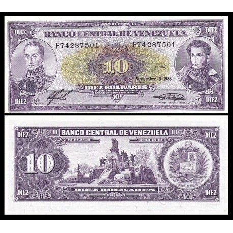 VENEZUELA 10 BOLIVARES 1988 SUCRE ESCUDO y BOLIVAR Pick 61D BILLETE SC BANKNOTE UNC
