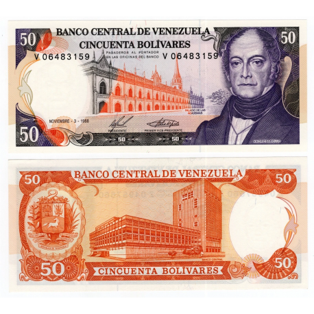 VENEZUELA 50 BOLIVARES 1988 ANDRES BELLO y PALACIO DE LAS ACADEMIAS Pick 65F BILLETE SC UNC BANKNOTE