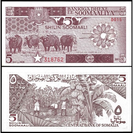 SOMALIA 5 SHILLINGS 1986 BUFALOS Pick 31C BILLETE SC Soomali Republic SOOMAALIYA 5 ShilinG AUNC BANKNOTES