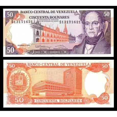 VENEZUELA 50 BOLIVARES 1992 ANDRES BELLO y PALACIO DE LAS ACADEMIAS Pick 65.D BILLETE SC UNC BANKNOTE