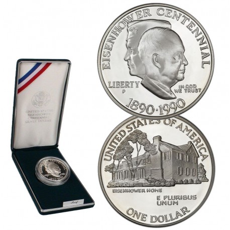 ESTADOS UNIDOS 1 DOLAR 1990 P PRESIDENTE EISENHOWER Home MONEDA DE PLATA PROOF Us Mint ESTUCHE OFICIAL $1 Dollar silver