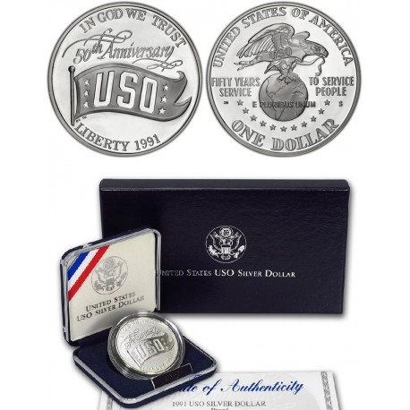 ESTADOS UNIDOS 1 DOLAR 1991 S USO Asociación Militar KM.232 MONEDA DE PLATA PROOF Estuche US MINT USA $1 silver