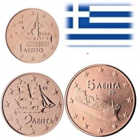 GRECIA 1+2+5 CENTIMOS 2011 BARCOS 3 MONEDAS DE COBRE SC Greece Euro Euros Cents