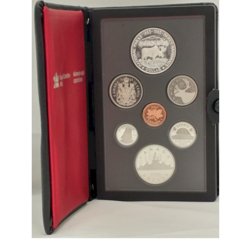 CANADA 1985 PRESTIGE SET 1+5+10+25+50 Centavos + 1 Dolar GANSO Latón + 1 DOLAR 1985 RENO NATIONAL PARKS PLATA 7 monedas