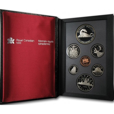 CANADA 1986 PRESTIGE SET 1+5+10+25+50 Centavos + 1 Dolar CANOA Nickel + 1 DOLAR 1986 VANCOUVER RAILWAY TREN PLATA 7 monedas