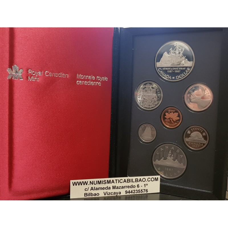 CANADA 1987 PRESTIGE SET 1+5+10+25+50 Centavos + 1 Dolar CANOA Nickel + 1 DOLAR 1987 BARCO DAVIS STRAIT PLATA 7 monedas