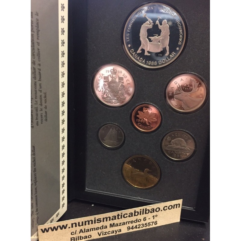 CANADA 1988 PRESTIGE SET 1+5+10+25+50 Centavos + 1 Dolar GANSO Latón + 1 DOLAR 1988 SAINT MAURIC IRONWORKS PLATA 7 monedas