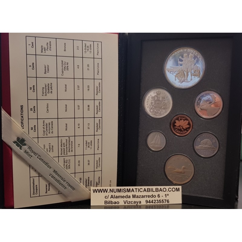 CANADA 1990 PRESTIGE SET 1+5+10+25+50 Centavos + 1 Dolar GANSO Latón + 1 DOLAR 1990 HENRY KELSEYS INDIOS NATIVOS PLATA 7 monedas