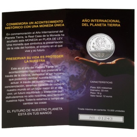 ESPAÑA CARTERA FNMT 12 EUROS 2008 AÑO INTERNACIONAL DEL PLANETA TIERRA MONEDA DE PLATA SC