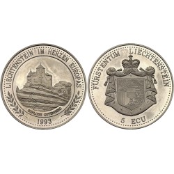 LIECHTENSTEIN 5 ECU 1993 CASTILLO GUTENBERG y ADHESION A LA UNIÓN EUROPEA MONEDA DE NICKEL PROOFLIKE cápsula