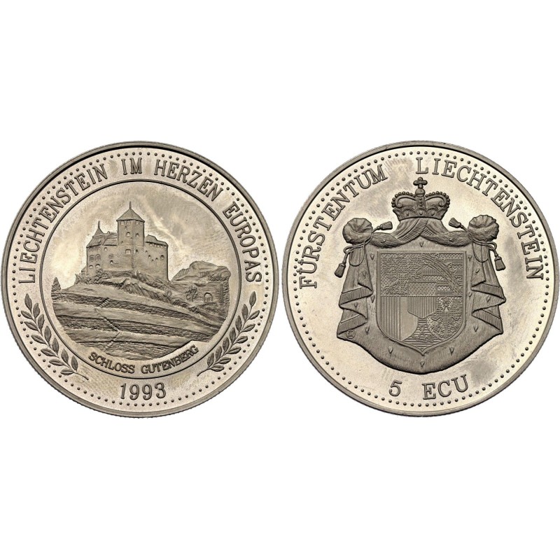 LIECHTENSTEIN 5 ECU 1993 CASTILLO GUTENBERG y ADHESION A LA UNIÓN EUROPEA MONEDA DE NICKEL PROOFLIKE cápsula