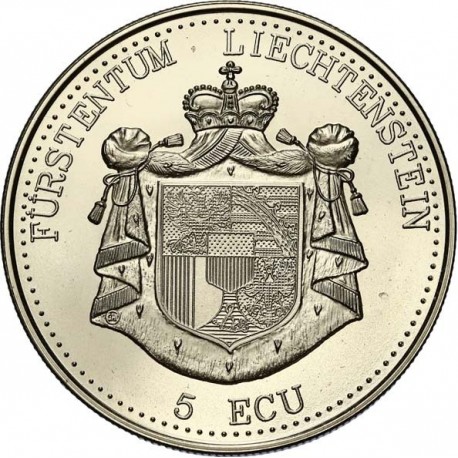 LIECHTENSTEIN 5 ECU 1993 CASTILLO GUTENBERG y ADHESION A LA UNIÓN EUROPEA MONEDA DE NICKEL PROOFLIKE cápsula