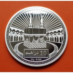 @RARA@ EMIRATOS ÁRABES UNIDOS 10 DIRHAMS 2015 LA MECA WORLD ISLAMIC MINT MONEDA DE PLATA PROOFLIKE 1 ONZA