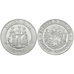 @ESTUCHE y CERTIFICADO@ INGLATERRA SILVER ECU 1992 TRES GRACIAS y MAPA DE EUROPA MONEDA DE PLATA PROOF UK silver 0,68 ONZAS