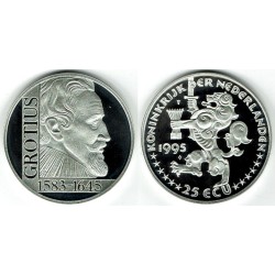 @ESTUCHE y CERTIFICADO@ HOLANDA 25 ECU 1995 HUGO GROTIUS KM.X.87 MONEDA DE PLATA PROOF The Netherlands 25 Ecus 0,74 ONZAS