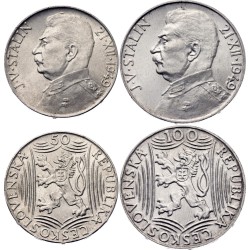 2 únicas monedas con JOSEF STALIN x CHECOSLOVAQUIA 50 + 100 KORUN 1949 BUSTO MILITAR POR SU 70 CUMPLEAÑOS KM.29+30 PLATA SC-