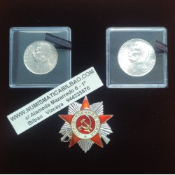 . 2 únicas monedas con JOSEF STALIN x CHECOSLOVAQUIA 50 + 100 KORUN 1949 BUSTO MILITAR POR SU 70 CUMPLEAÑOS KM.29+30 PLATA SC-