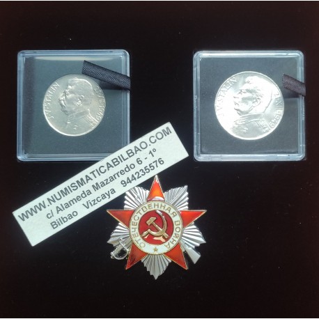 . 2 únicas monedas con JOSEF STALIN x CHECOSLOVAQUIA 50 + 100 KORUN 1949 BUSTO MILITAR POR SU 70 CUMPLEAÑOS KM.29+30 PLATA SC-