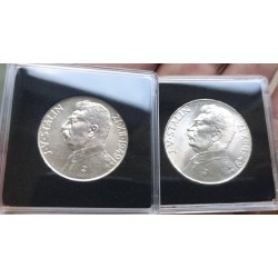 2 únicas monedas con JOSEF STALIN x CHECOSLOVAQUIA 50 + 100 KORUN 1949 BUSTO MILITAR POR SU 70 CUMPLEAÑOS KM.29+30 PLATA SC-