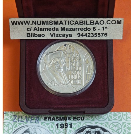 @ESTUCHE y CERTIFICADO@ HOLANDA 10 ECU 1991 ERASMUS DE ROTTERDAM KM.X.45 MONEDA DE PLATA PROOF The Netherlands 0,74 ONZAS