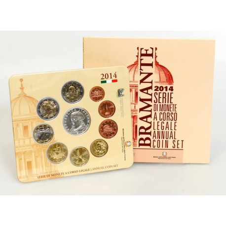 ITALIA CARTERA OFICIAL EUROS 2014 SC 1+2+5+10+20+50 Cts. y 1€ y 2x 2 EUROS + 5 EUROS 2014 BRAMANTE PLATA BU SET KMS 10 MONEDAS