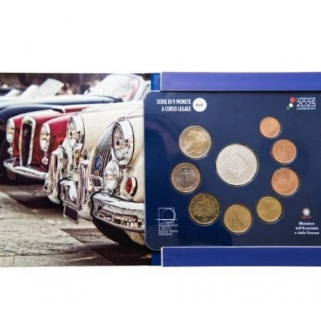 ITALIA CARTERA OFICIAL EUROS 2025 UNC 1 Céntimo a 2 Euros + 3 EUROS 2025 AUTOMOBILE PLATA