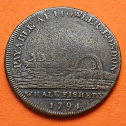 INGLATERRA 1/2 PENIQUE 1794 CAZADOR DE BALLENAS MIDDLESEX Fowler's Whale Fishery MONEDA DE COBRE TOKEN Halfpenny
