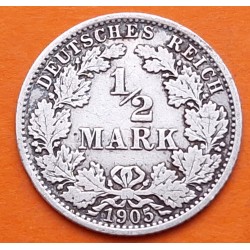 ALEMANIA 1/2 MARCO 1905 A IMPERIO AGUILA Rey GUILLERMO II KM.17 MONEDA DE PLATA MBC- Germany Empire Half Mark