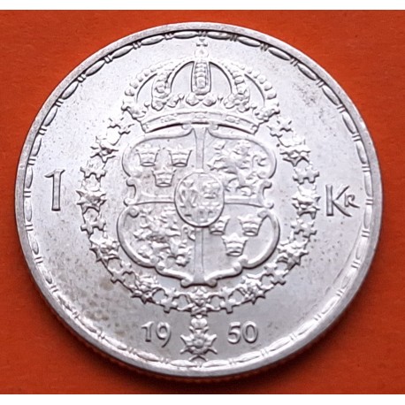 SUECIA 1 KRONE 1950 TS Rey GUSTAV V y ESCUDO KM.814 MONEDA DE PLATA BAJA EBC Sweden silver