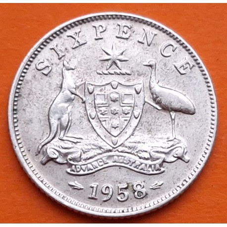 AUSTRALIA 6 PENIQUES 1958 REINA ISABEL II y VALOR KM.58 MONEDA DE PLATA MBC- 6 Pence silver