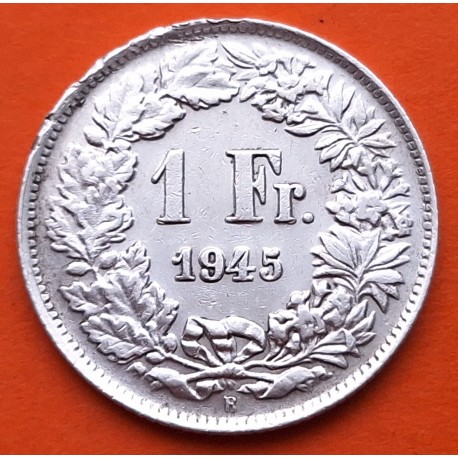 SUIZA 1 FRANCO 1945 B DAMA y VALOR KM.24 MONEDA DE PLATA MBC + MUESCAS Oucpación Nazi III REICH WWII Switzerland
