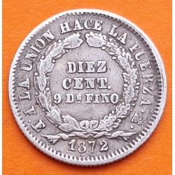 @RARO Tipo 1 - LA UNIÓN HACE LA FUERZA@ BOLIVIA 10 CENTAVOS 1872 PTS FE ESCUDO NACIONAL KM.153.3 MONEDA DE PLATA MBC-
