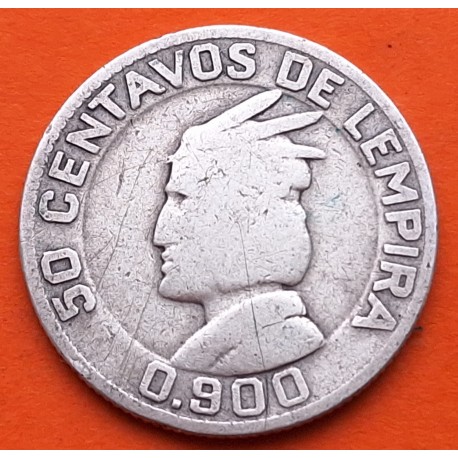 @ESCASA@ HONDURAS 50 CENTAVOS DE LEMPIRA 1931 JEFE INDIO KM.74 MONEDA DE PLATA MBC- silver coin