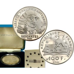 FRANCIA 100 FRANCOS 1991 RENÉ DESCARTES KM.1002 PLATA PROOF + CERTIFICADO France 15 Ecus 1991