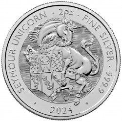 . 1 aaacoin @RARA@ INGLATERRA 5 LIBRAS 2024 SEYMOUR UNICORNIO y CHARLES III Tudor Beasts 4ª MONEDA DE PLATA 2 ONZAS Oz