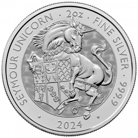 . 1 aaacoin @RARA@ INGLATERRA 5 LIBRAS 2024 SEYMOUR UNICORNIO y CHARLES III Tudor Beasts 4ª MONEDA DE PLATA 2 ONZAS Oz