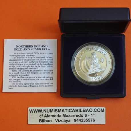 @ESTUCHE y CERTIFICADO@ IRLANDA DEL NORTE 25 ECU 1992 JOVEN y ARPA KM.X.P.3 MONEDA DE PLATA PROOF silver 0,68 ONZAS