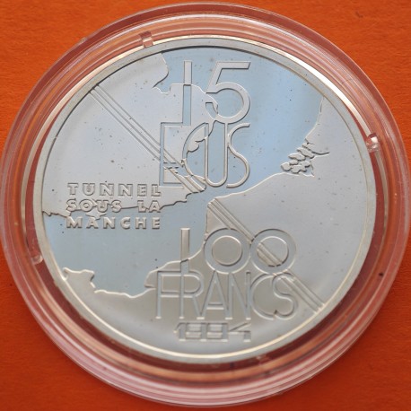FRANCIA 100 FRANCOS 1994 EUROTUNEL KM.1060 MONEDA DE PLATA PROOF France 15 Ecus ESTUCHE y CERTIFICADO