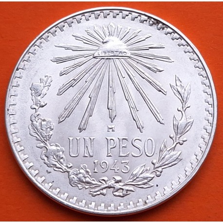 MEXICO 1 PESO 1943 GORRO FRIGIO KM.455 MONEDA DE PLATA EBC + MANCHITA silver coin ESTADOS UNIDOS MEXICANOS R/3