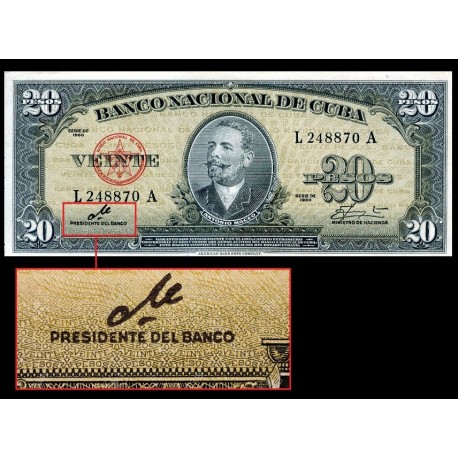 @FIRMA DEL CHE GUEVARA@ CUBA 20 PESOS 1960 ANTONIO MACEO Serie P...A Pick 80.C BILLETE SC Caribe UNC BANKNOTE