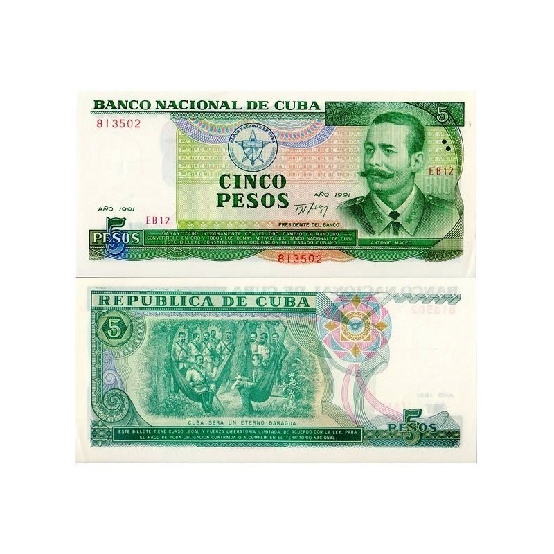 CUBA 5 PESOS 1991 ANTONIO MACEO y MILITARES Color Verde Pick 108A BILLETE SC Caribe UNC BANKNOTE