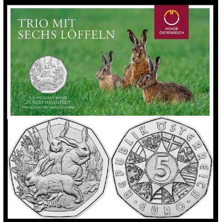 . @2/MARZO Envío@ AUSTRIA 5 EUROS 2026 CONEJOS Serie PASCUA MONEDA DE PLATA SC Osterreich Blister