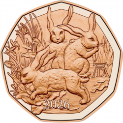 . @2/MARZO Envío@ AUSTRIA 5 EUROS 2026 CONEJOS Serie PASCUA MONEDA DE COBRE SC Osterreich
