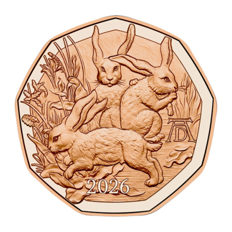 . @2/MARZO Envío@ AUSTRIA 5 EUROS 2026 CONEJOS Serie PASCUA MONEDA DE COBRE SC Osterreich