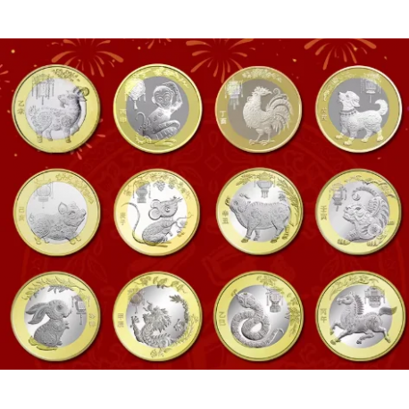 . @12 MONEDAS - JUEGO COMPLETO@ CHINA 10 YUAN 2015 2016....2023 2024 2025 Serie LUNAR ZODIACO BIMETALICA SC