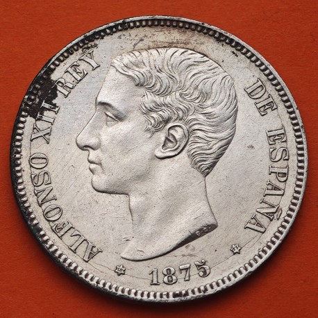 @PRECIOSA + MANCHITAS@ ESPAÑA 5 PESETAS 1875 * 18 75 DEM REY ALFONSO XII y ESCUDO KM.671 MONEDA DE PLATA (DURO) Spain silver R/6