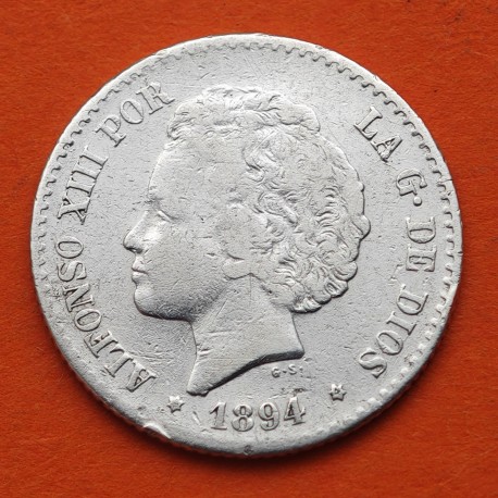 ESPAÑA Rey ALFONSO XIII 50 CENTIMOS 1894 * 9 4 MSM BUSTO Tipo RIZOS KM.703 MONEDA DE PLATA R/4