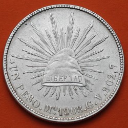 . @RARA@ MEXICO 1 PESO 1908 Mo GV Ceca de MEXICO GORRO FRIGIO y AGUILA KM.409.2 MONEDA DE PLATA silver coin